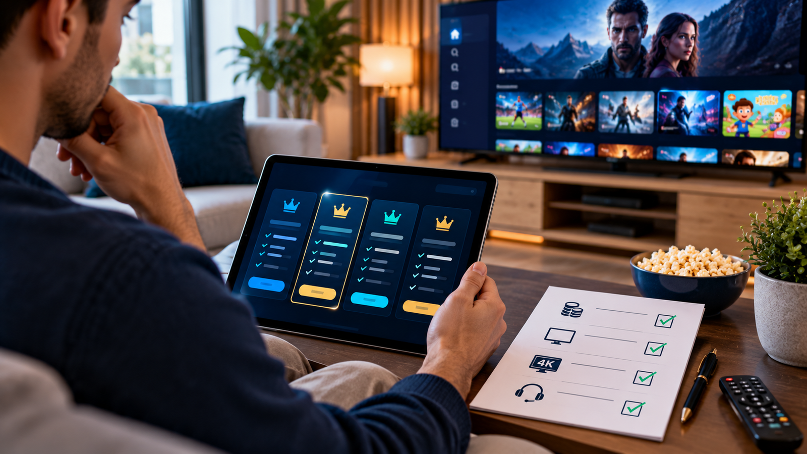 Illustration montrant la comparaison des prix, de la compatibilité et de la qualité vidéo d’un abonnement IPTV pas cher