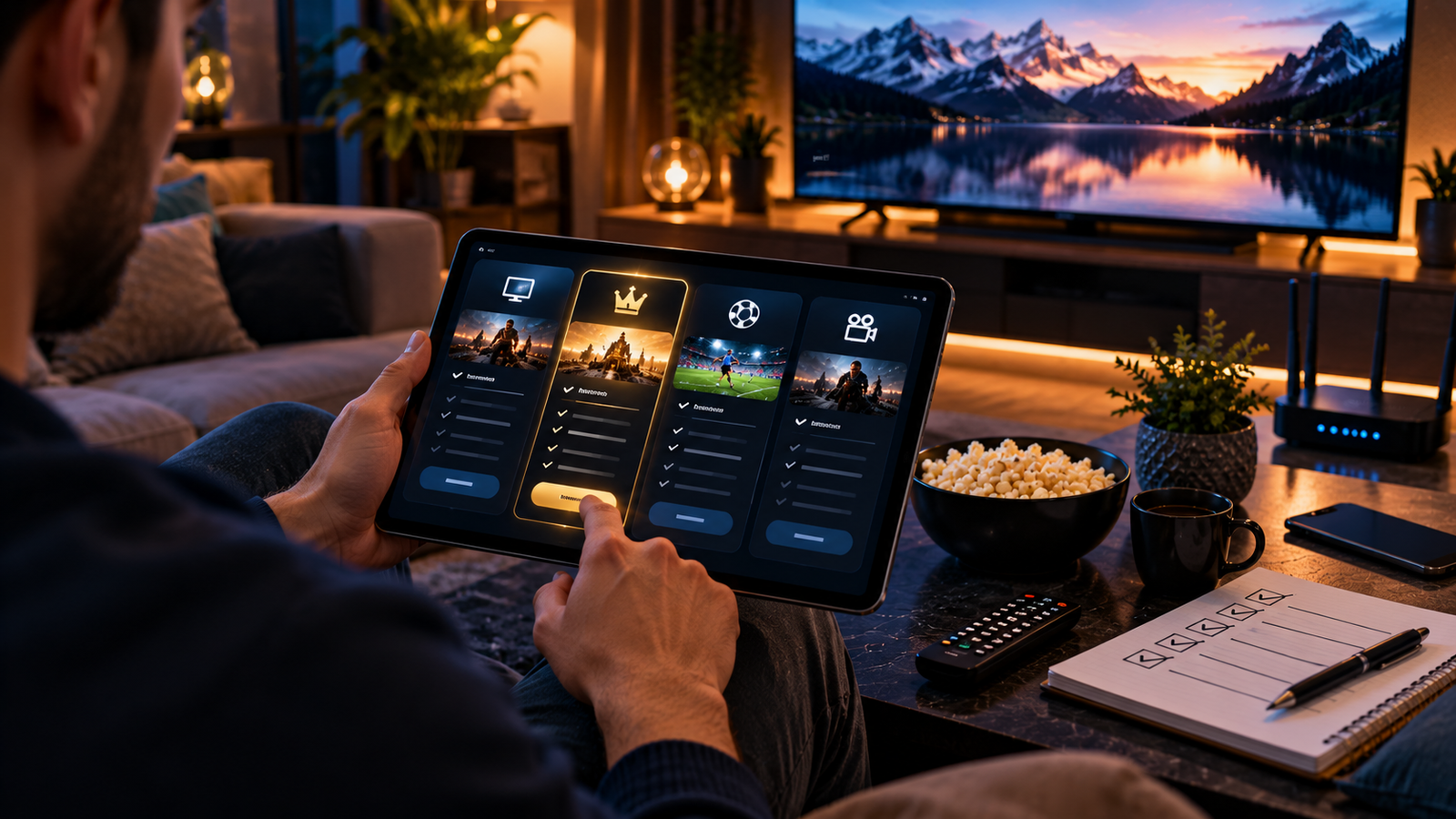 Utilisateur comparant plusieurs offres de télévision en streaming sur une tablette dans son salon