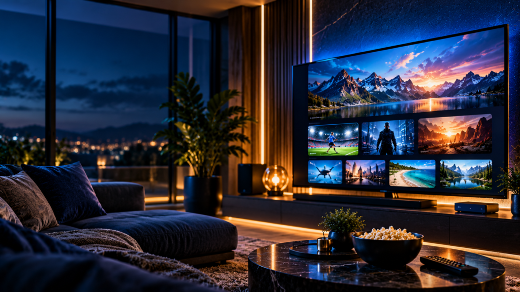 Salon cinéma avec télévision grand écran illustrant le confort d’un abonnement IPTV premium