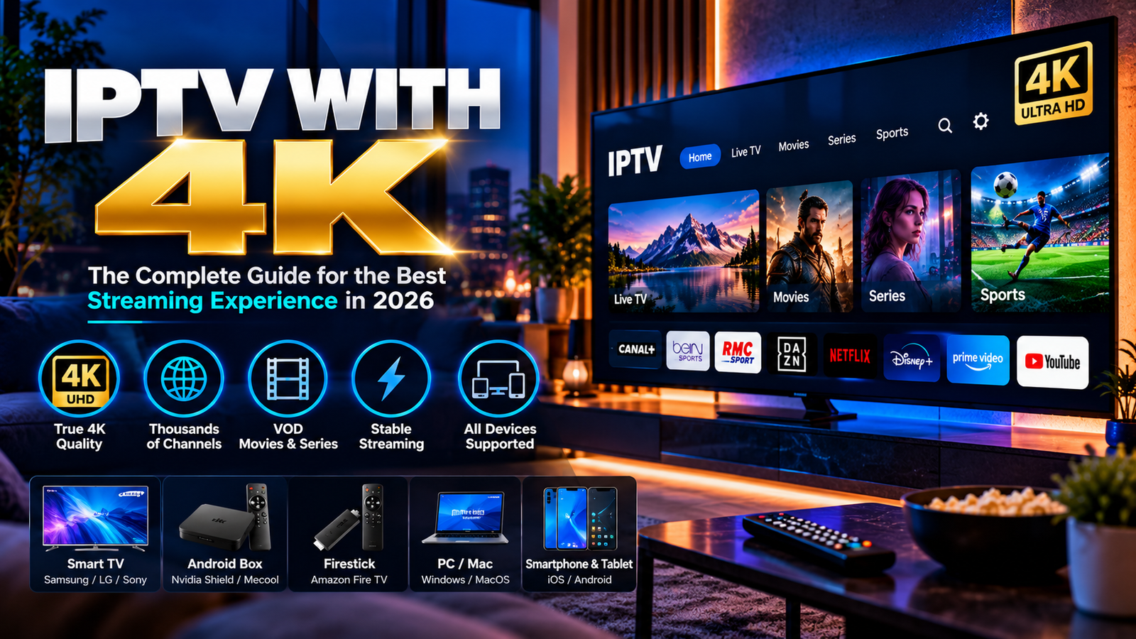 IPTV with 4K sur un téléviseur UHD avec interface de streaming et appareils compatibles