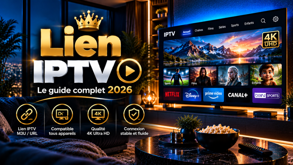 Lien IPTV : guide complet 2026 avec interface TV, liens M3U et design bleu et or