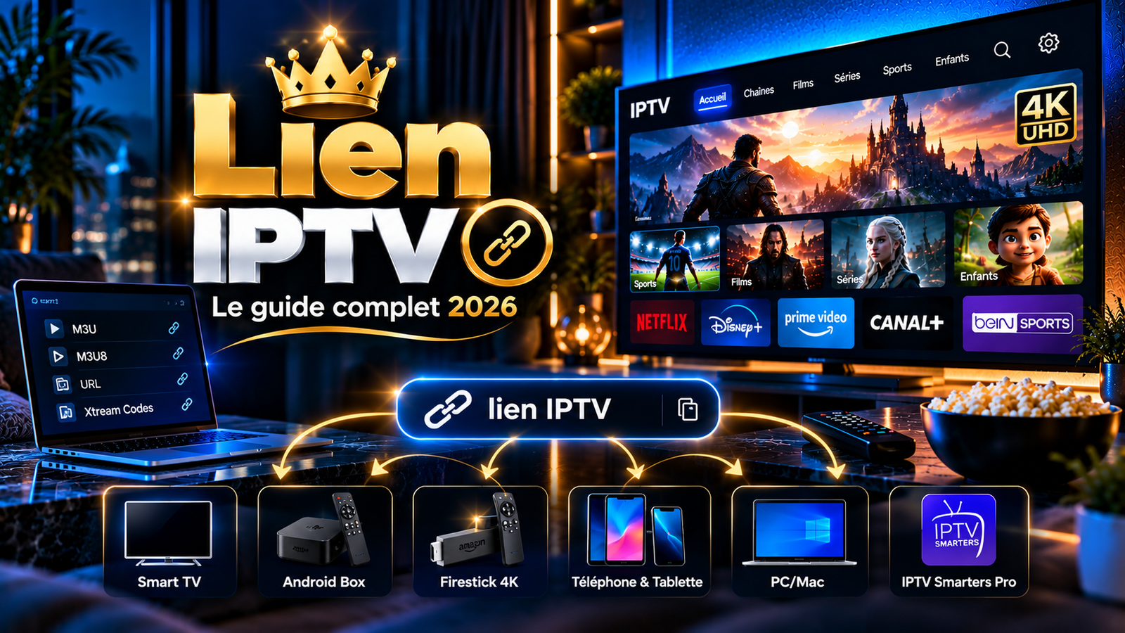 Illustration Lien IPTV présentant les formats M3U, M3U8 et URL ainsi que les appareils compatibles dans une identité visuelle bleu et or