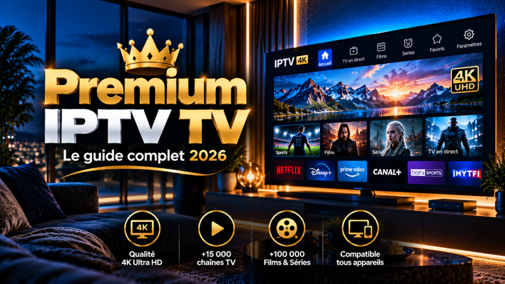 Premium IPTV TV : guide complet 2026 avec téléviseur 4K dans un salon moderne