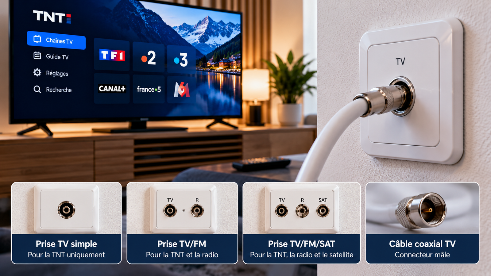 Illustration des prises antenne TV simple, TV FM et TV FM SAT avec câble coaxial raccordé